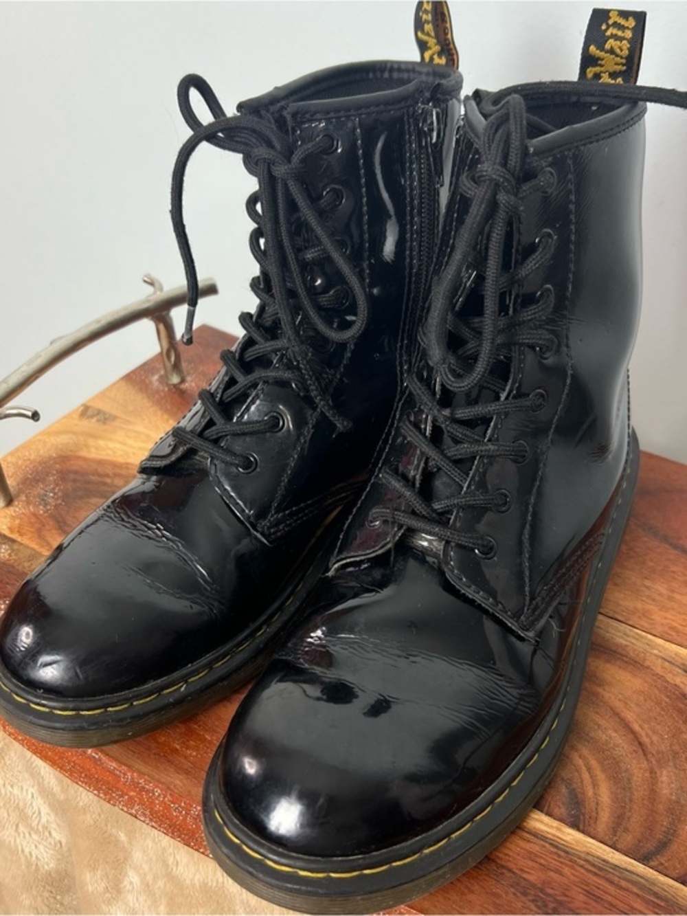 Dr. Martens 1460 Black Patent Leather Combat Lace-Up Boots Side Zip Women’s 7